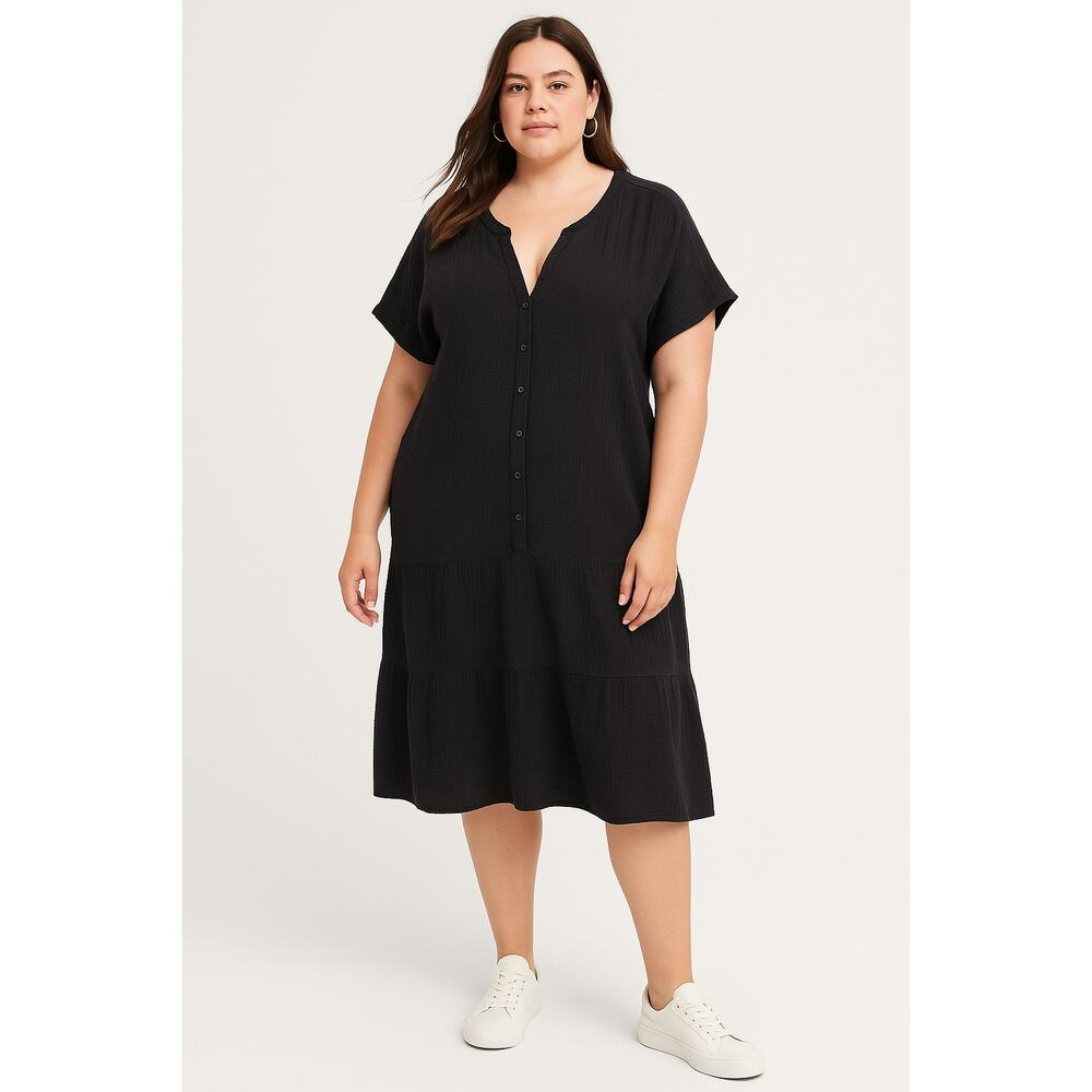 J.JILL Black Crinkle Cotton Button Front Short Sleeve Midi Dress | XL Tall